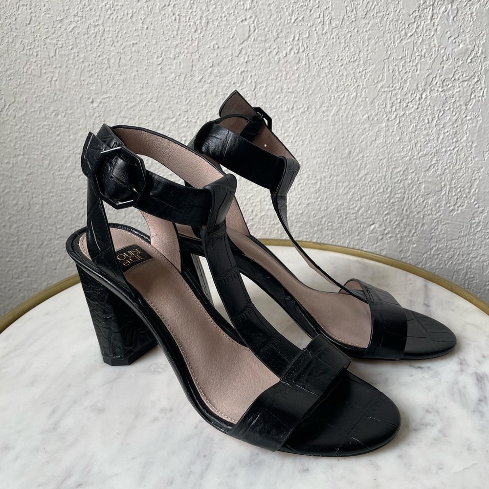 Louise et Cie Black Croc Embossed T-Strap Chunky Heel Sandals Mens Size 7
